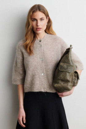 Andrea Knit Rib Cardigan, Light Beige melange