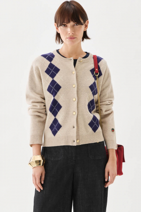 Julia checked cardigan, oat/plum