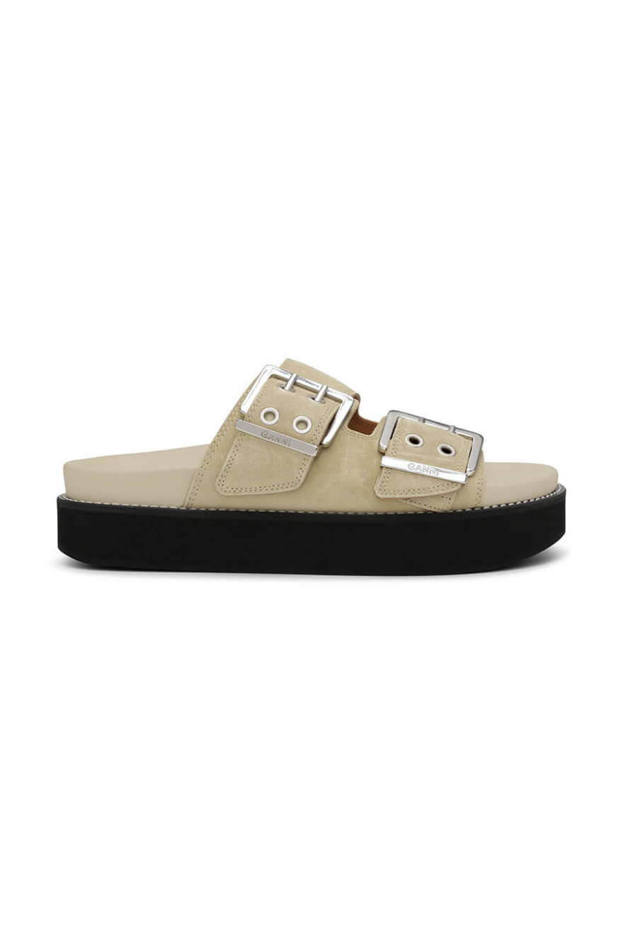 GANNI | Wide Welt Chunky Buckle Flat Sandal Suede, Pale Khaki | Shoes ...